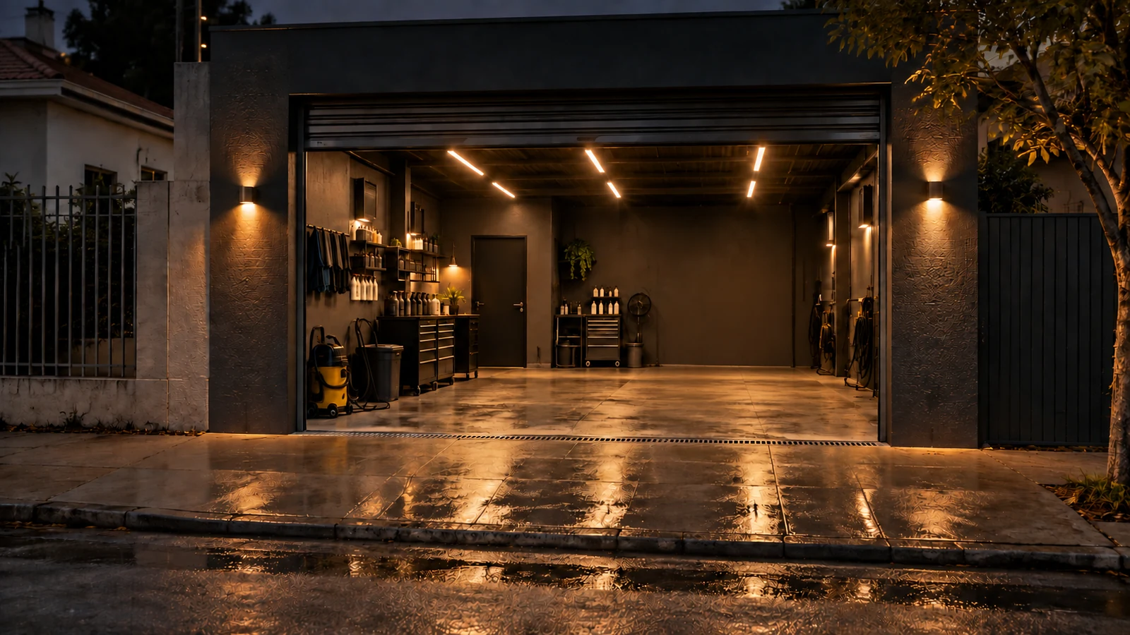 Fachada da Garagem 41 à noite, com o portão aberto e as luzes acesas